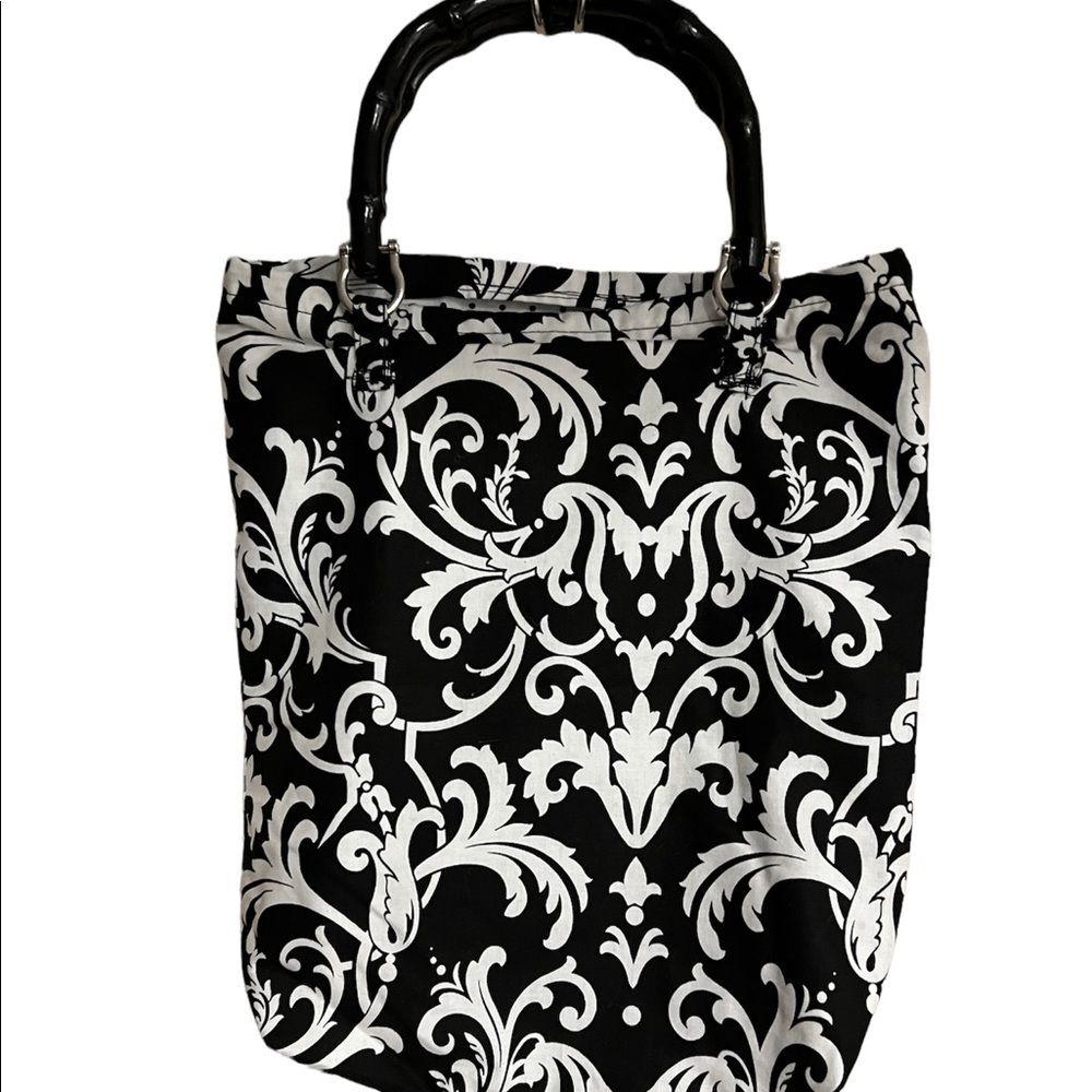 Handmade clutch bag bamboo handles black and white